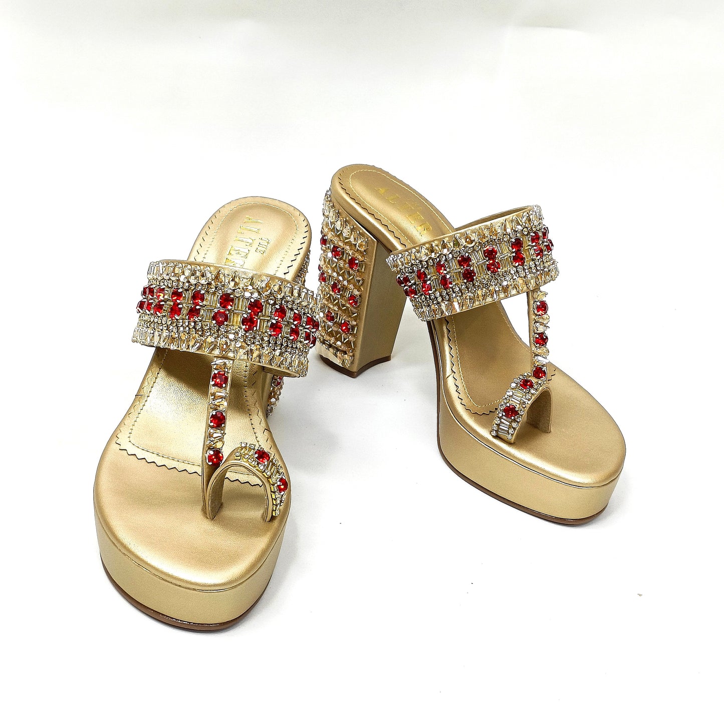 Ira Gold Embellished Platform Block Heels