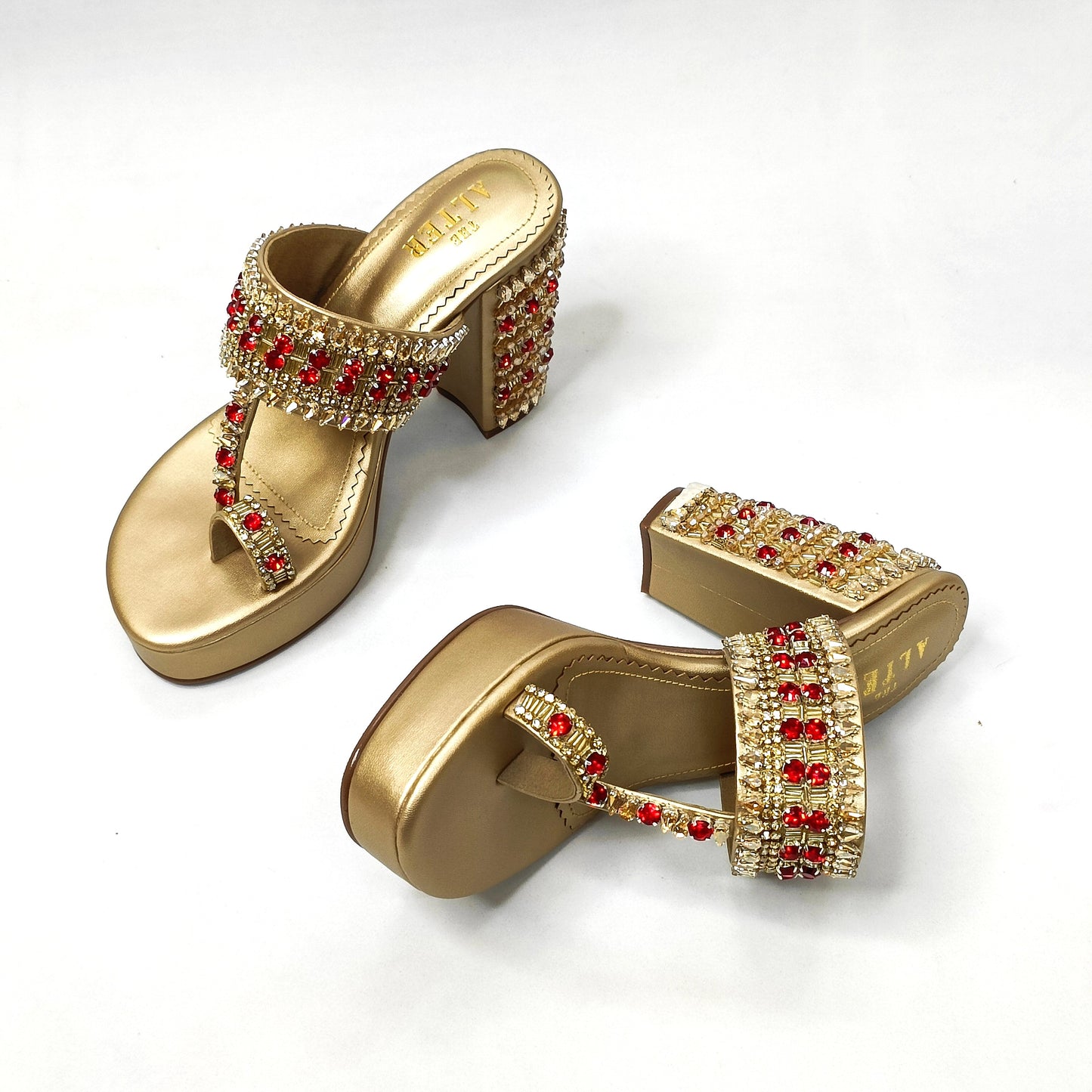 Ira Gold Embellished Platform Block Heels