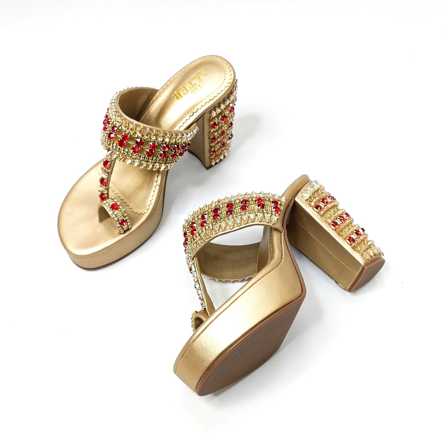 Ira Gold Embellished Platform Block Heels