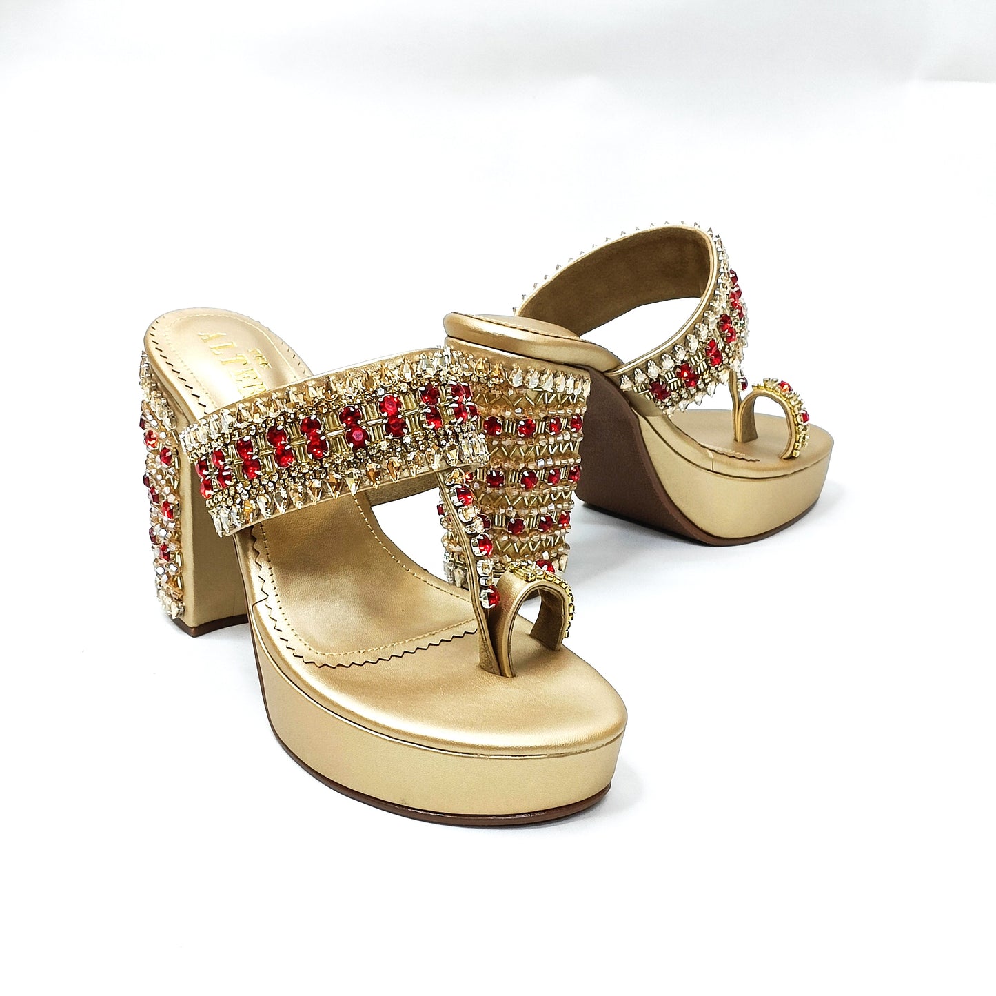 Ira Gold Embellished Platform Block Heels
