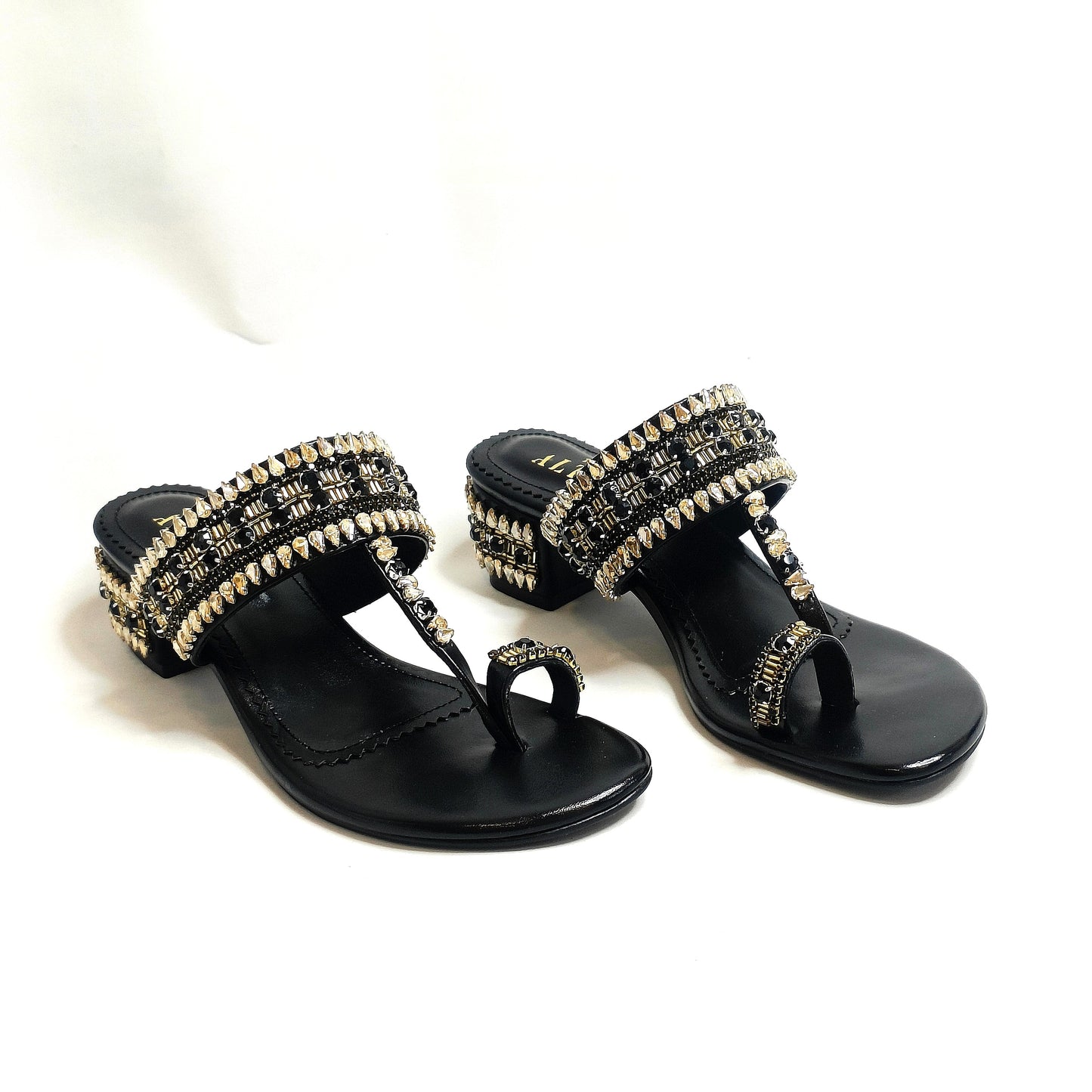 Ira Gold Embellished Block Heels