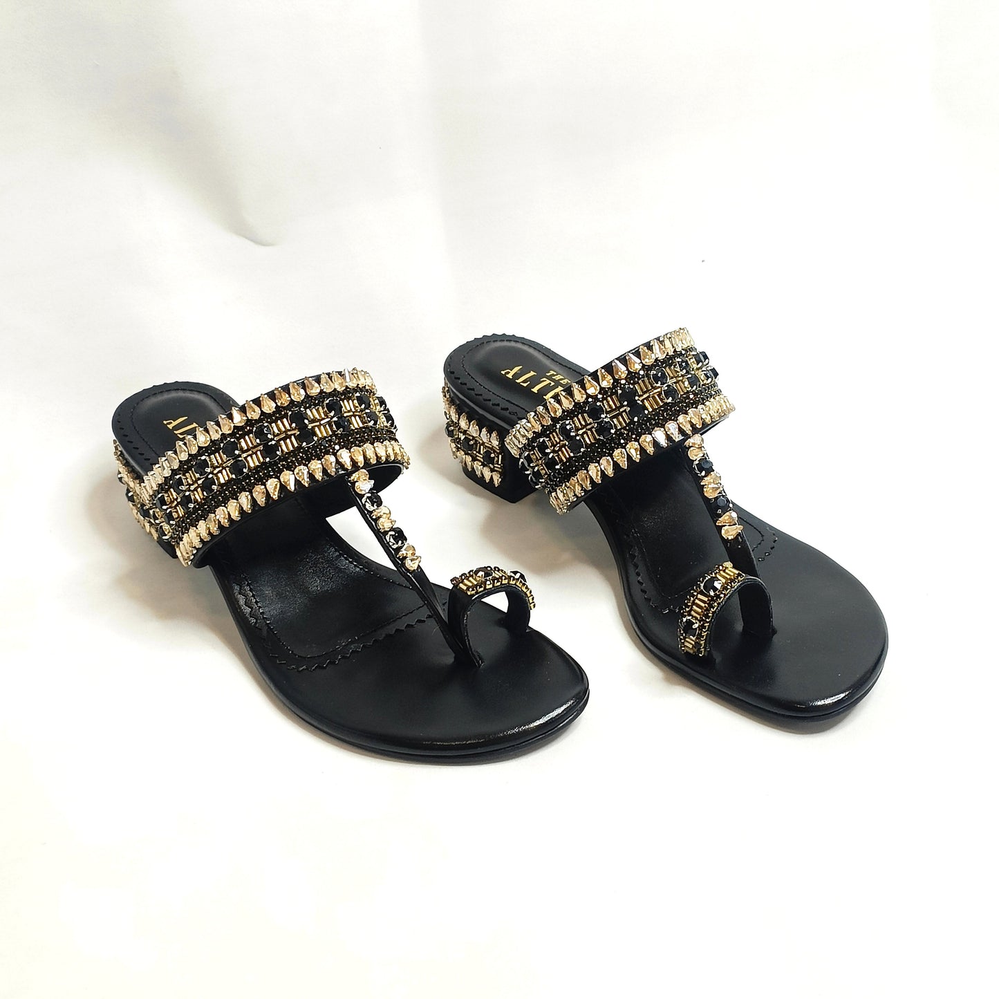 Ira Gold Embellished Block Heels