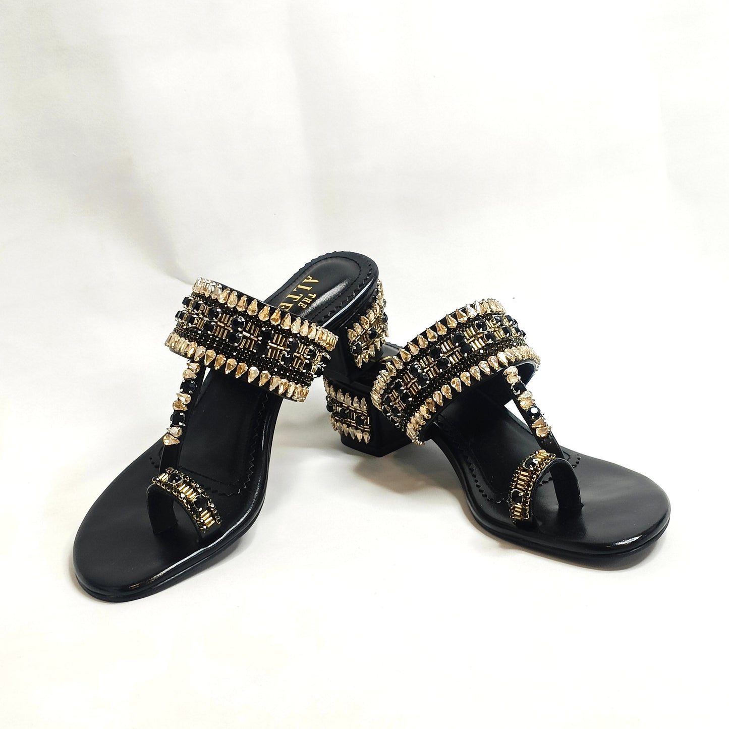 Ira Gold Embellished Block Heels