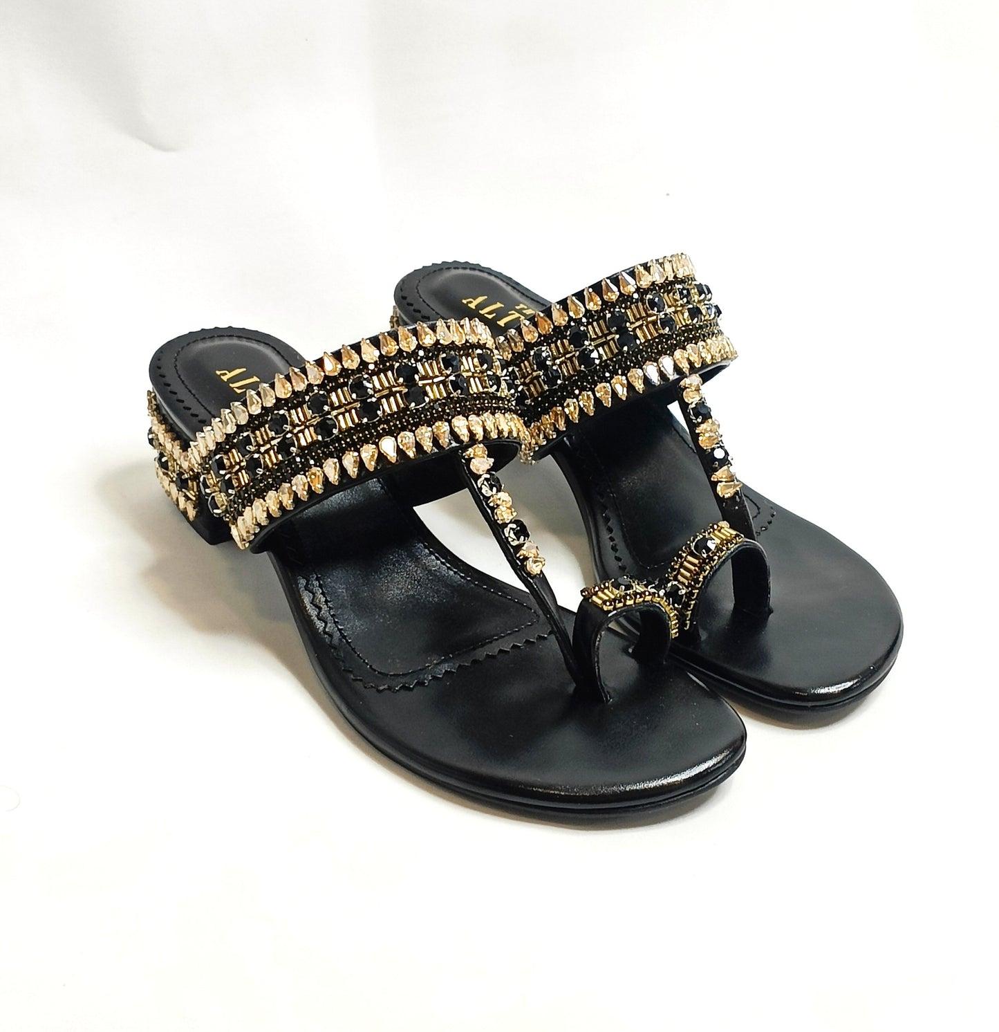 Ira Gold Embellished Block Heels