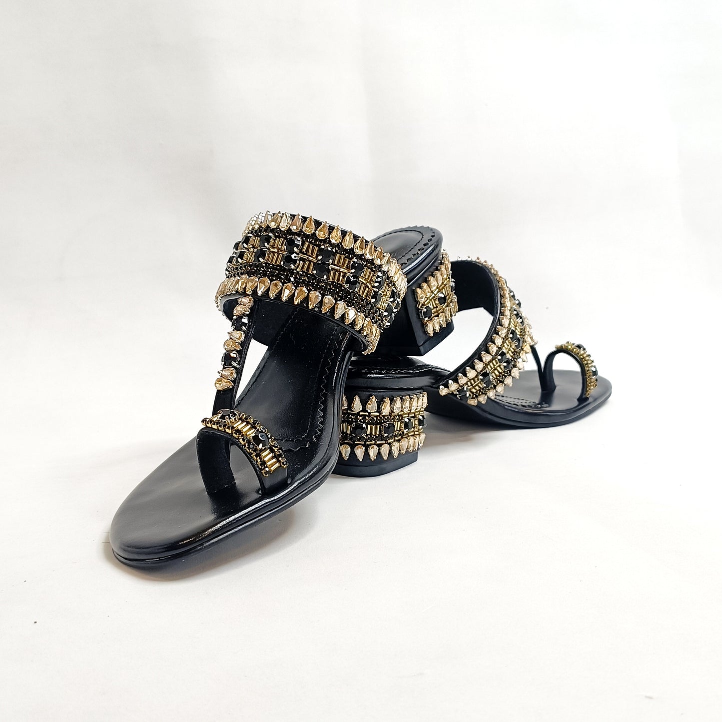 Ira Gold Embellished Block Heels