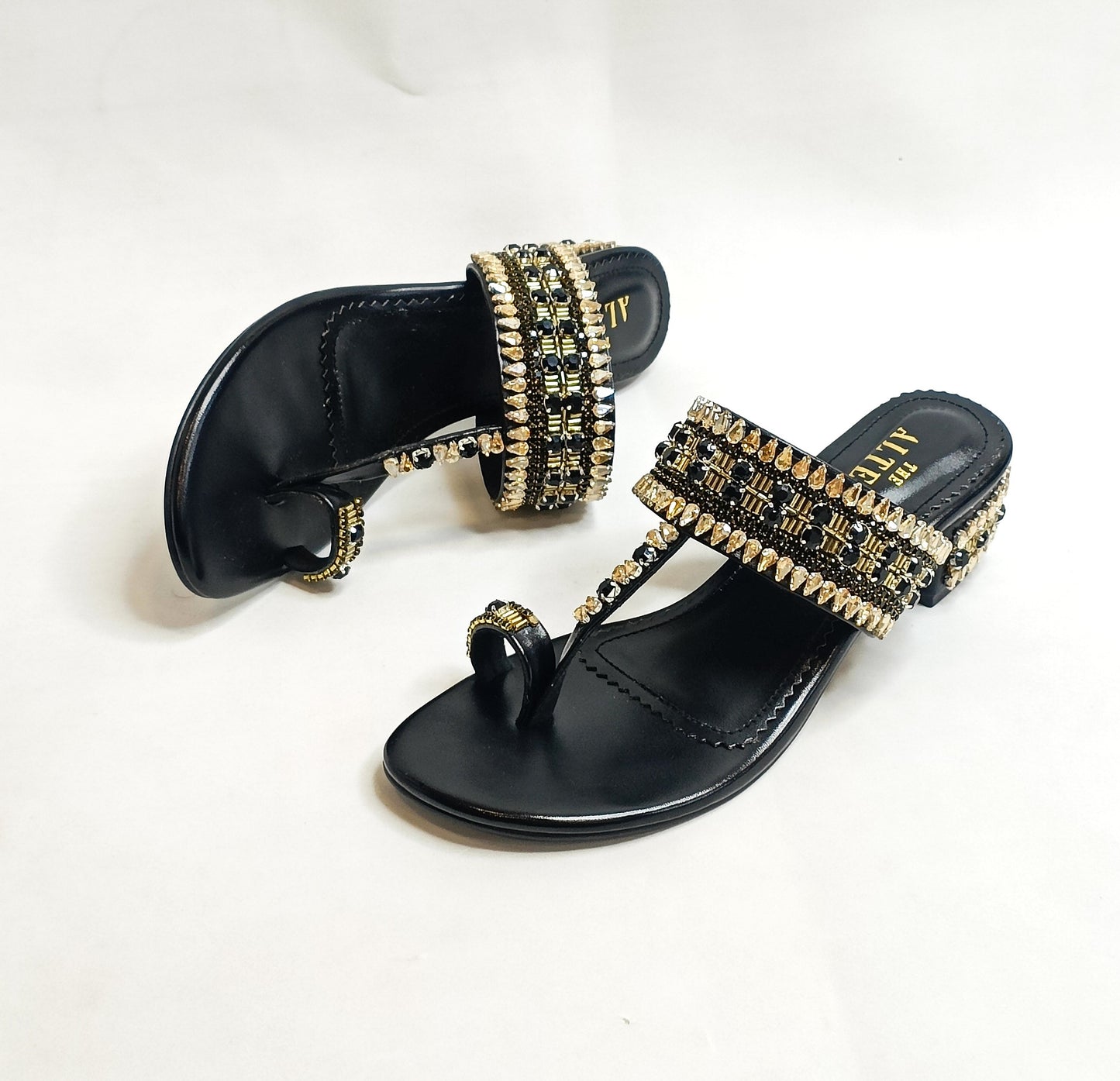 Ira Gold Embellished Block Heels