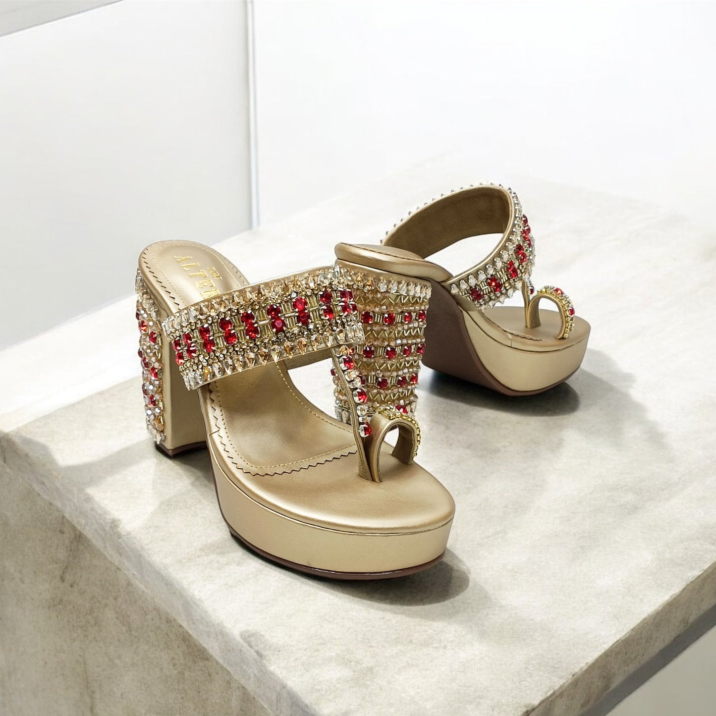 Ira Gold Embellished Platform Block Heels