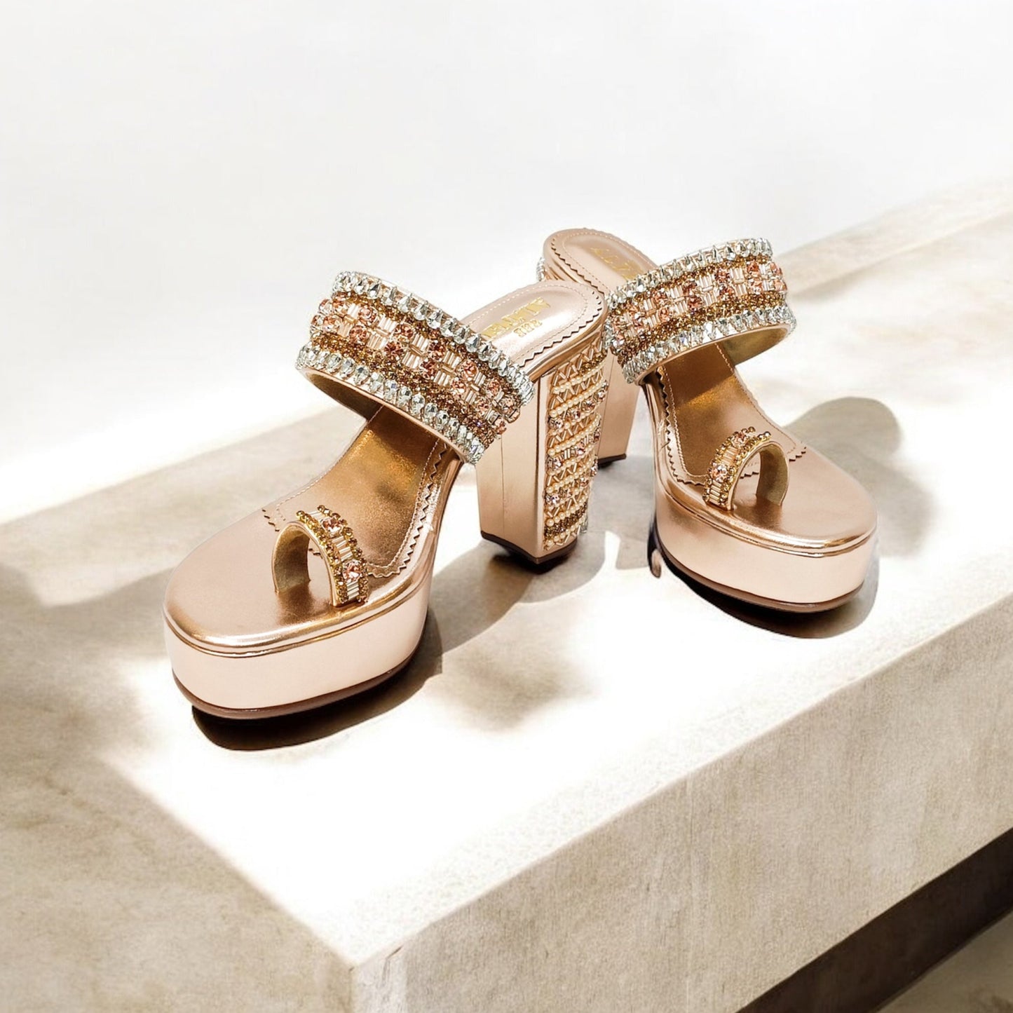 Inara Rose Gold Embellished Platform Block Heels