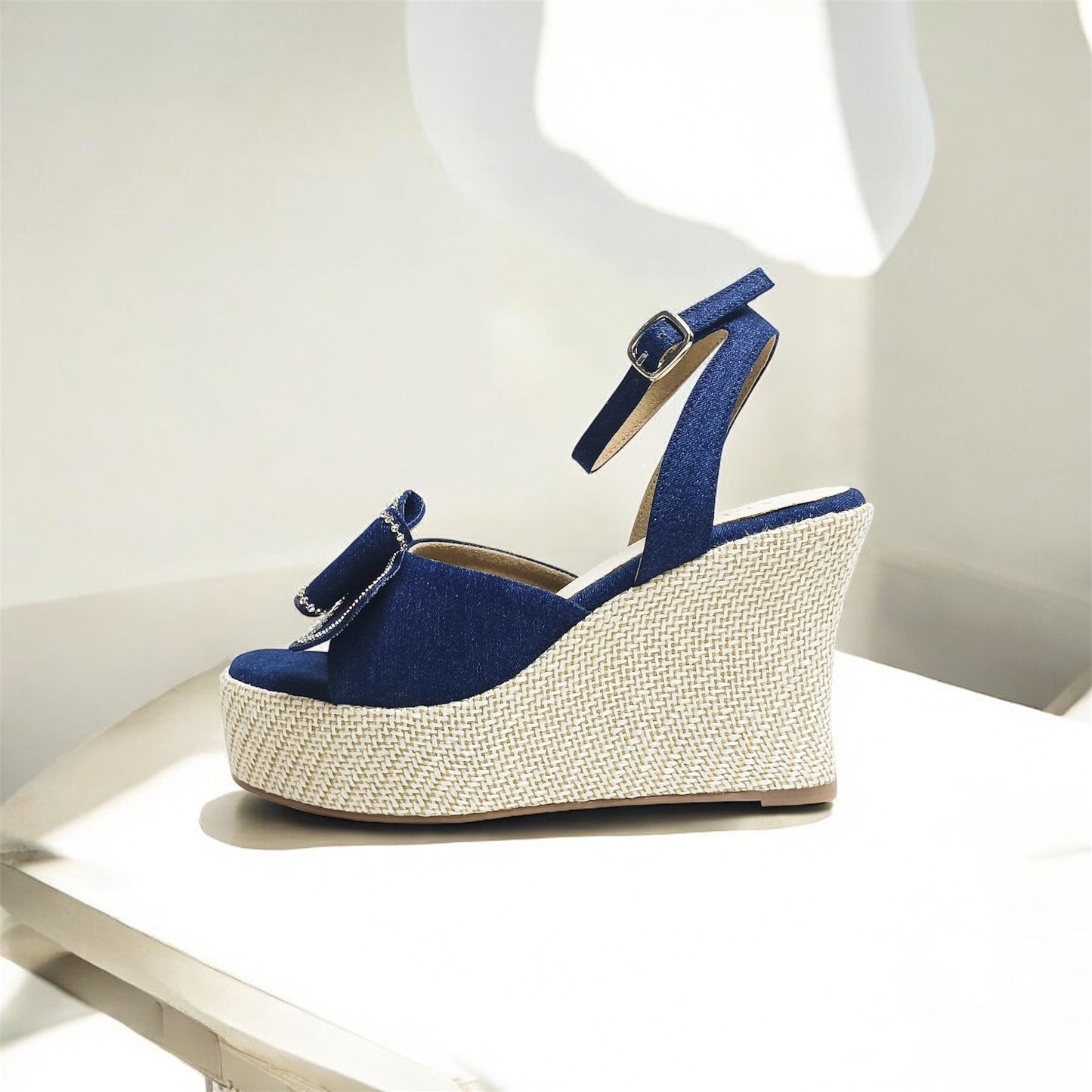 Denim Bow Wedges