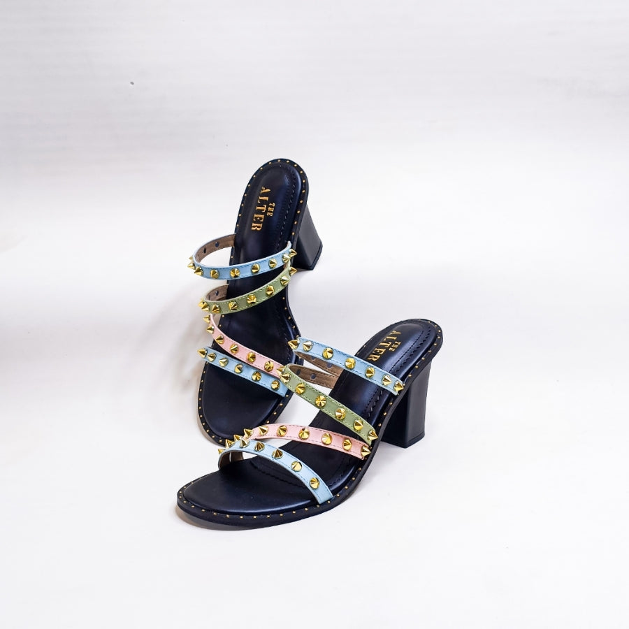Multi Colour Studded Strappy Block Heels - Main Image