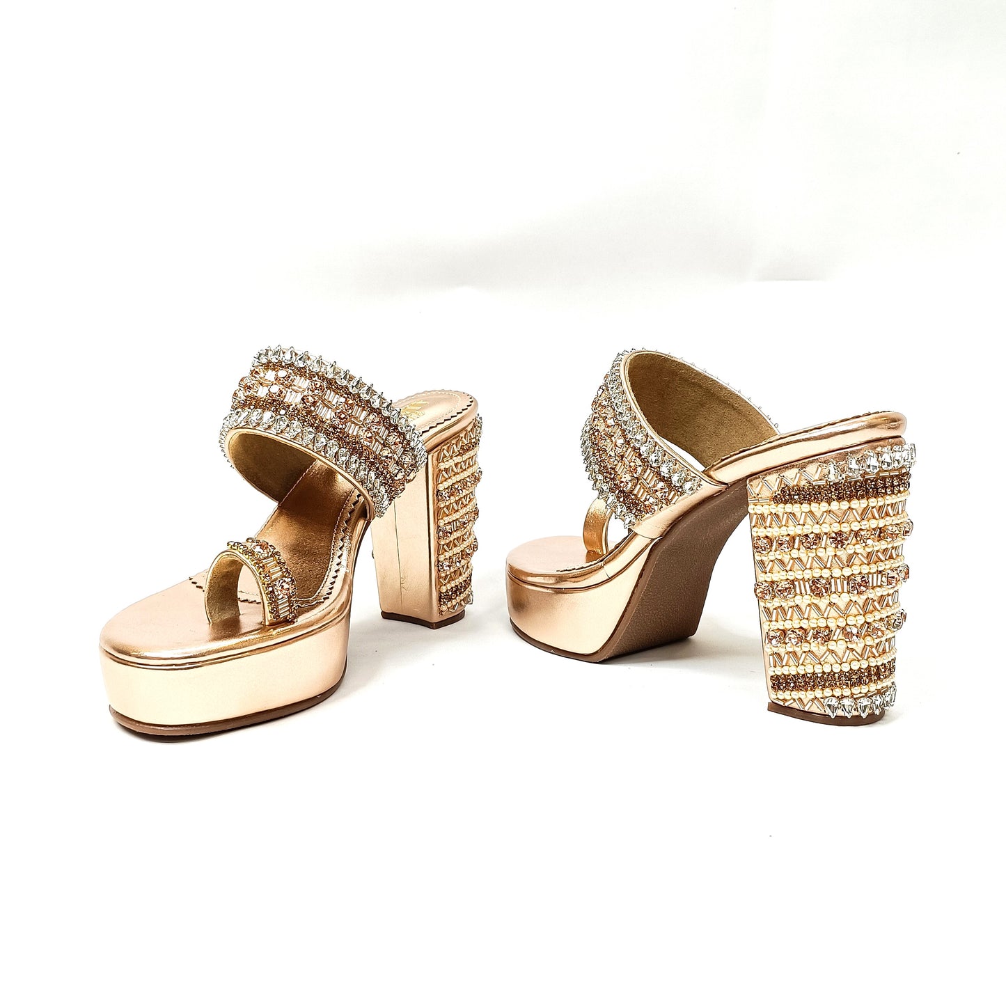 Inara Rose Gold Embellished Platform Block Heels