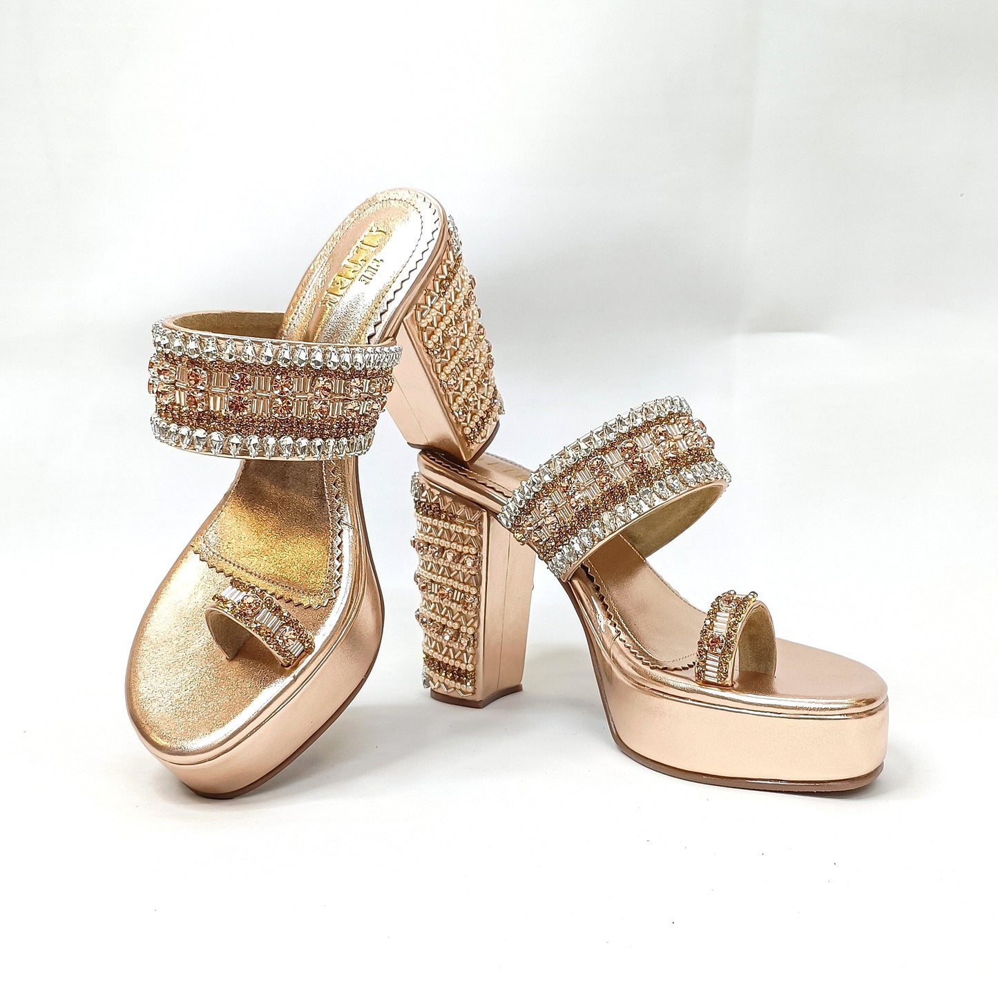 Inara Rose Gold Embellished Platform Block Heels