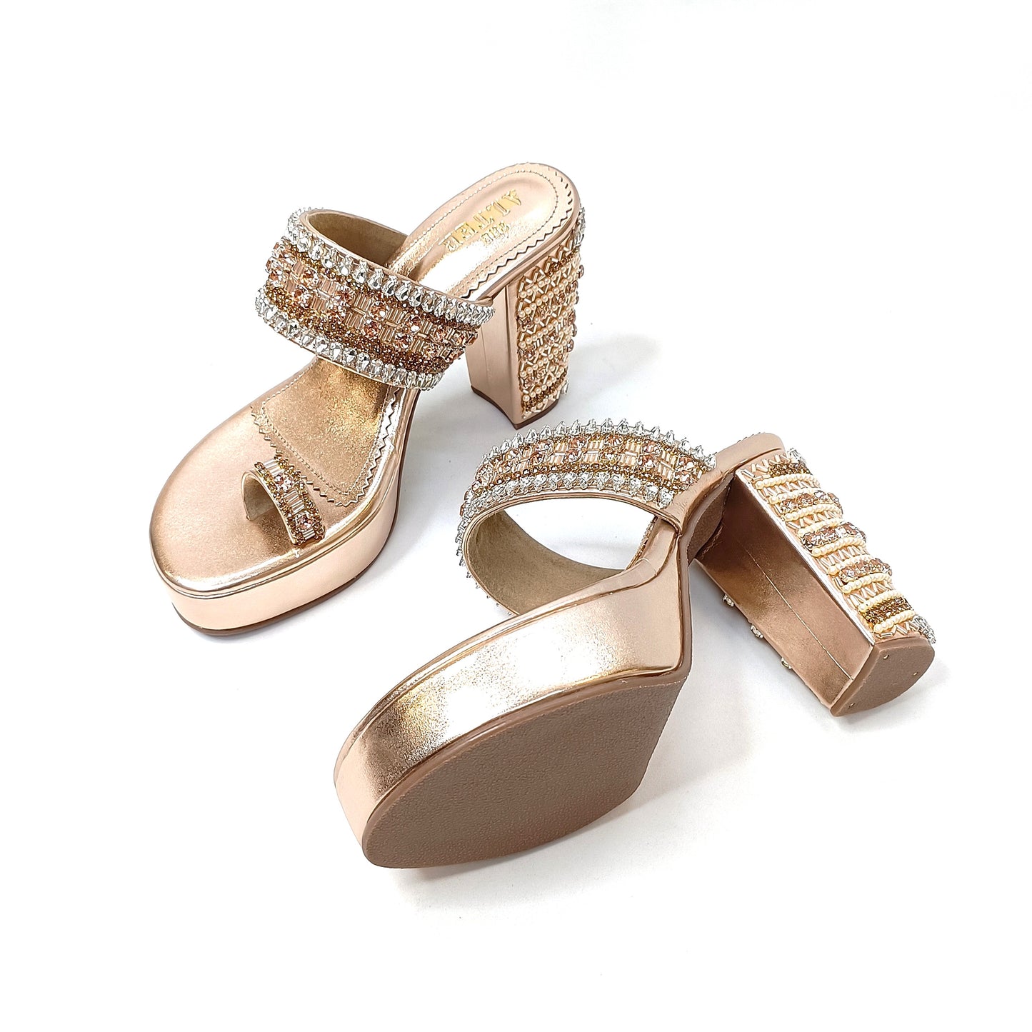 Inara Rose Gold Embellished Platform Block Heels