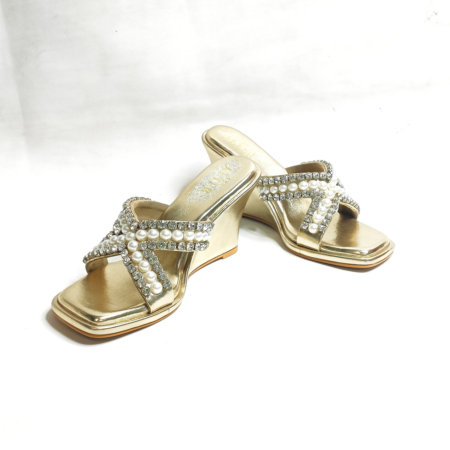 Criss Cross T Shaped Embellished Wedges