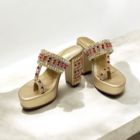Ira Gold Embellished Platform Block Heels