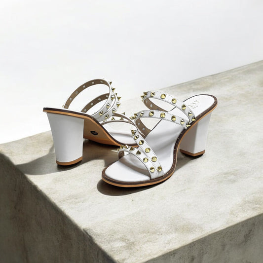 White Studded Strappy Block Heels