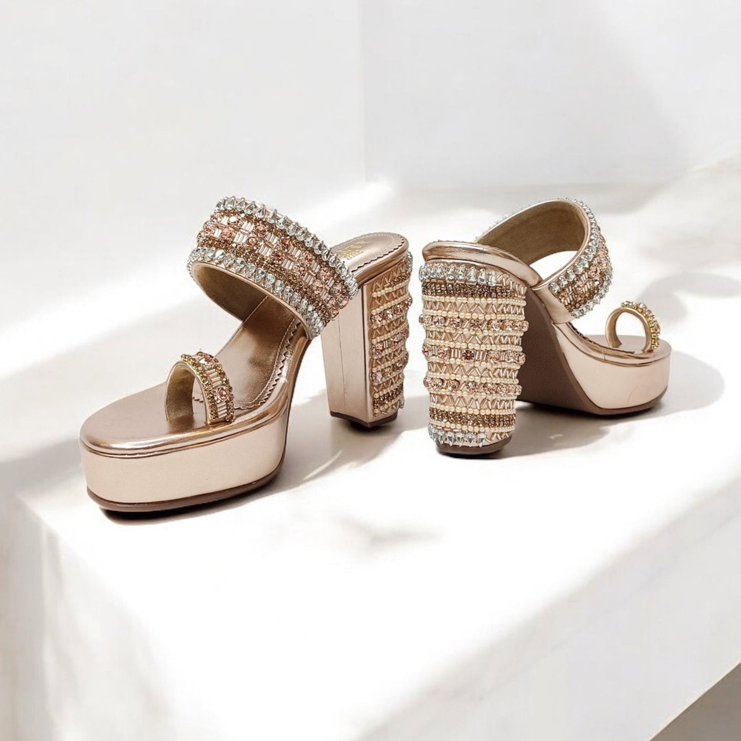Inara Rose Gold Embellished Platform Block Heels