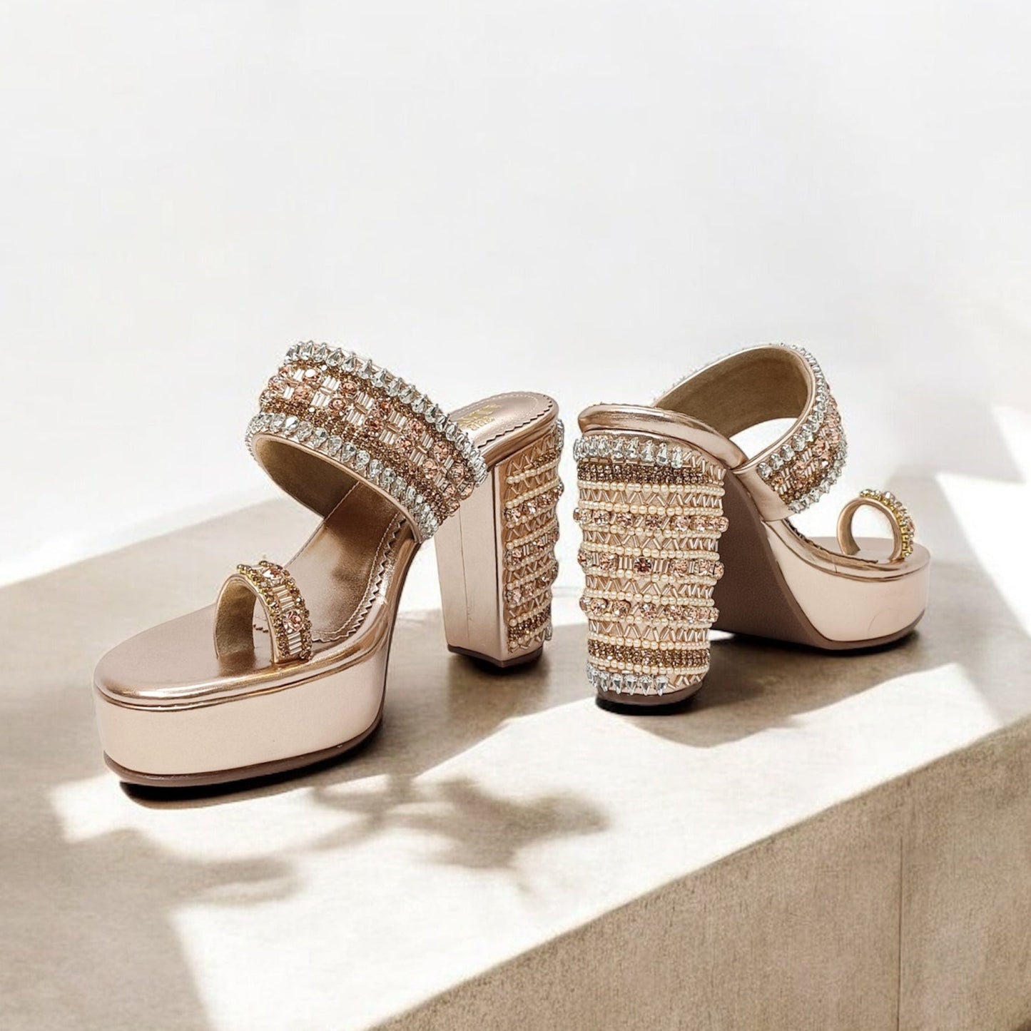 Inara Rose Gold Embellished Platform Block Heels