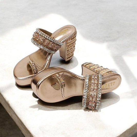 Inara Rose Gold Embellished Platform Block Heels