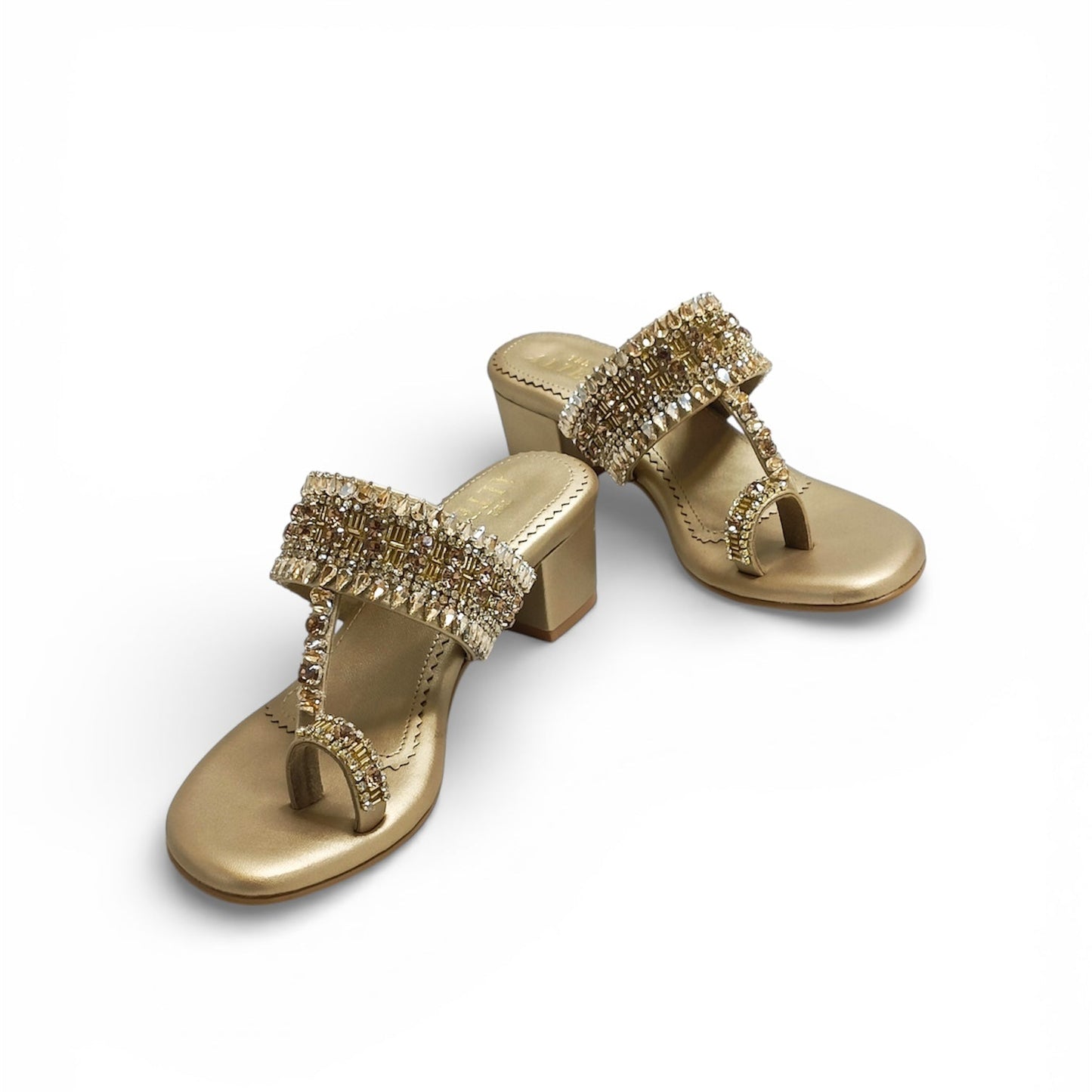 Ira Gold Embellished Block Heels