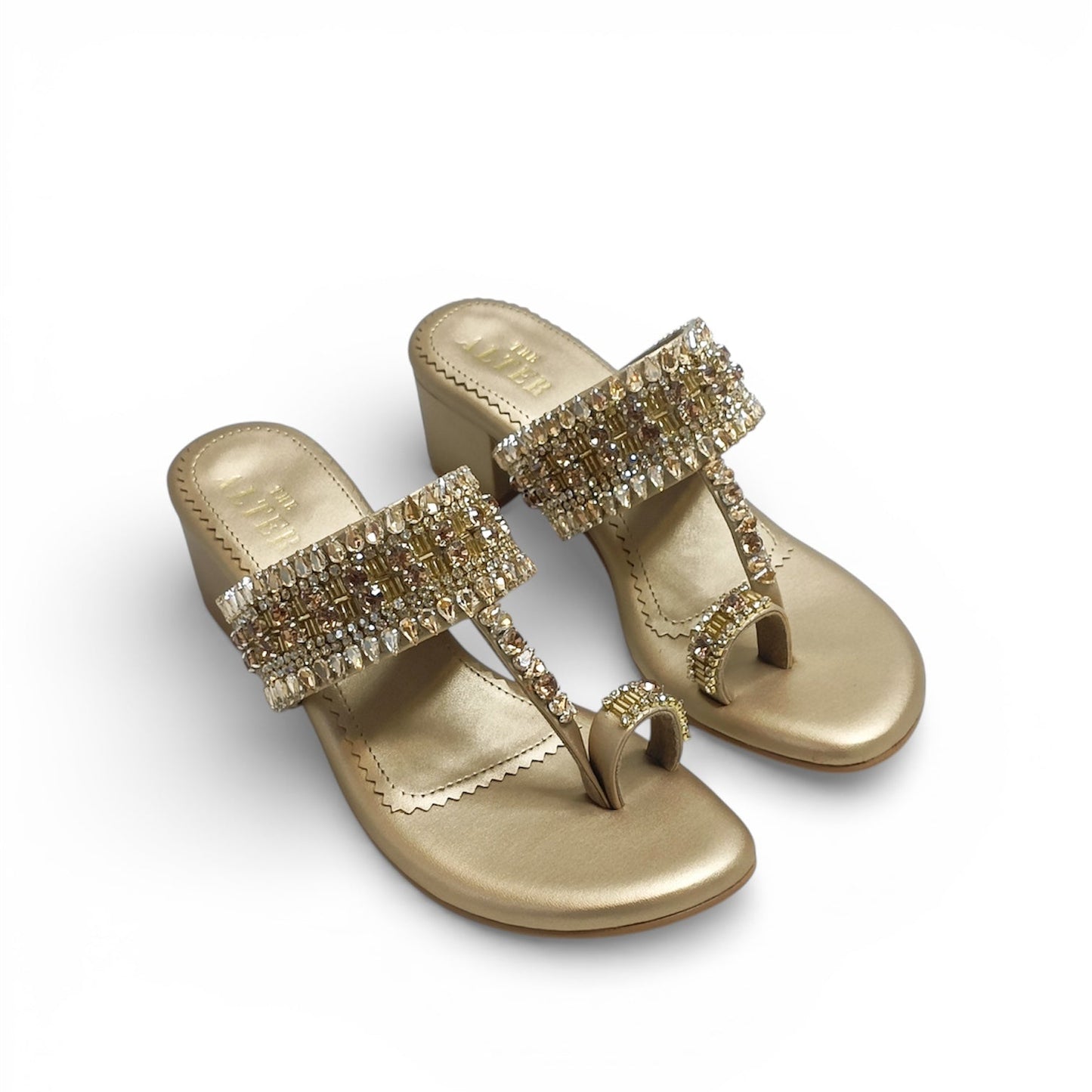 Ira Gold Embellished Block Heels