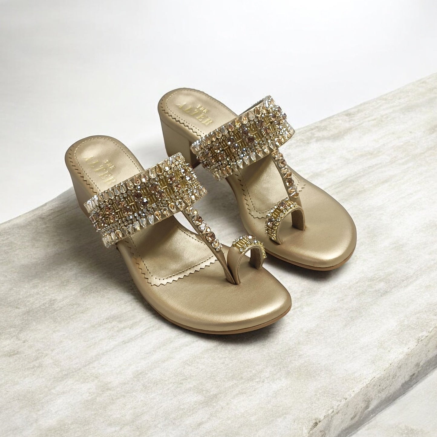 Ira Gold Embellished Block Heels