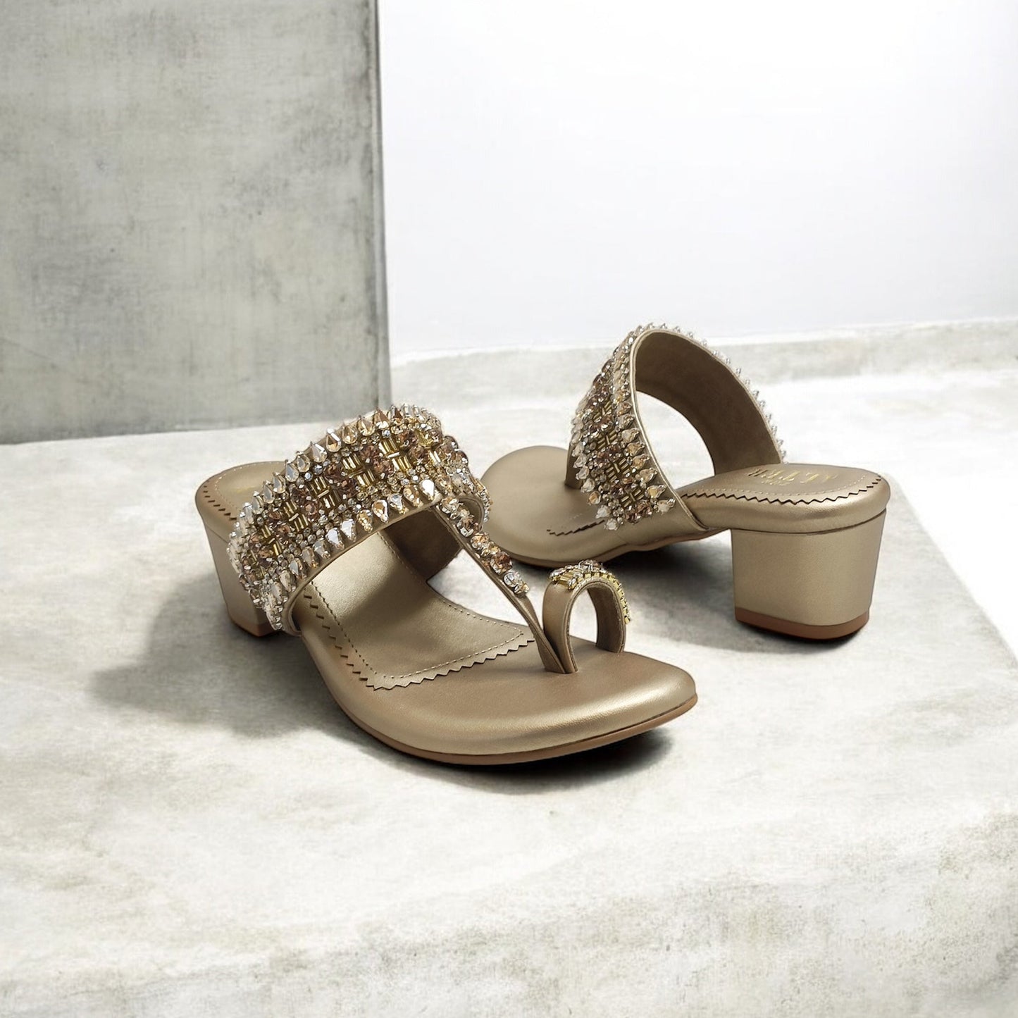 Ira Gold Embellished Block Heels