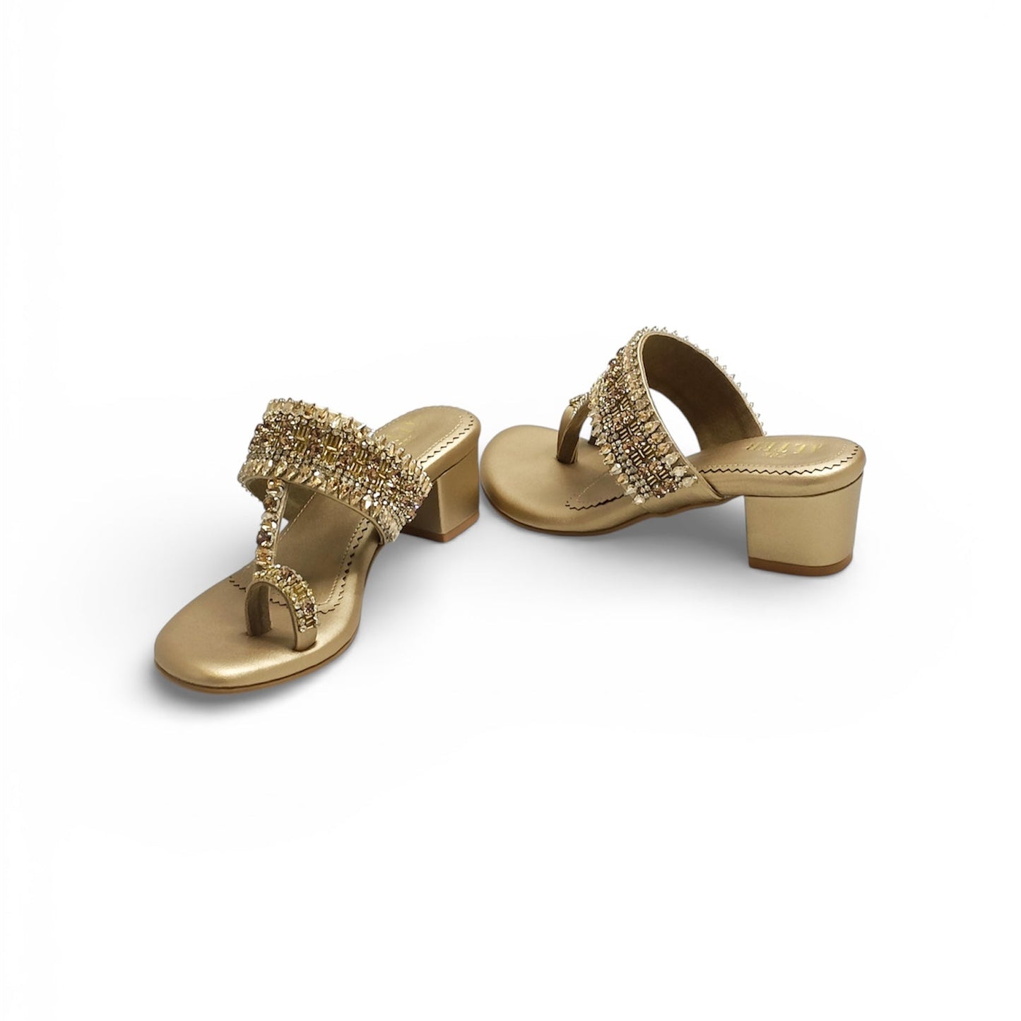 Ira Gold Embellished Block Heels