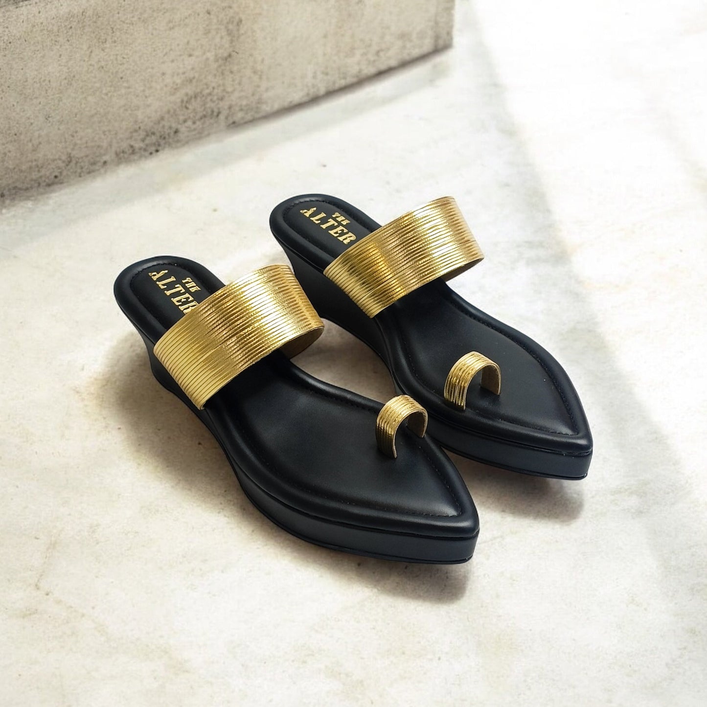 Pointed Toe Gold Strap Platforms