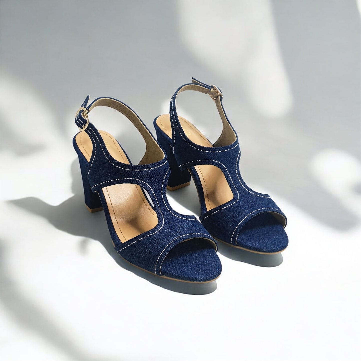 Denim Ankle Strap Block Heels