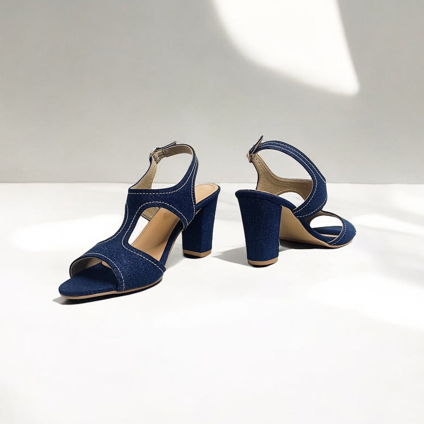 Denim Ankle Strap Block Heels