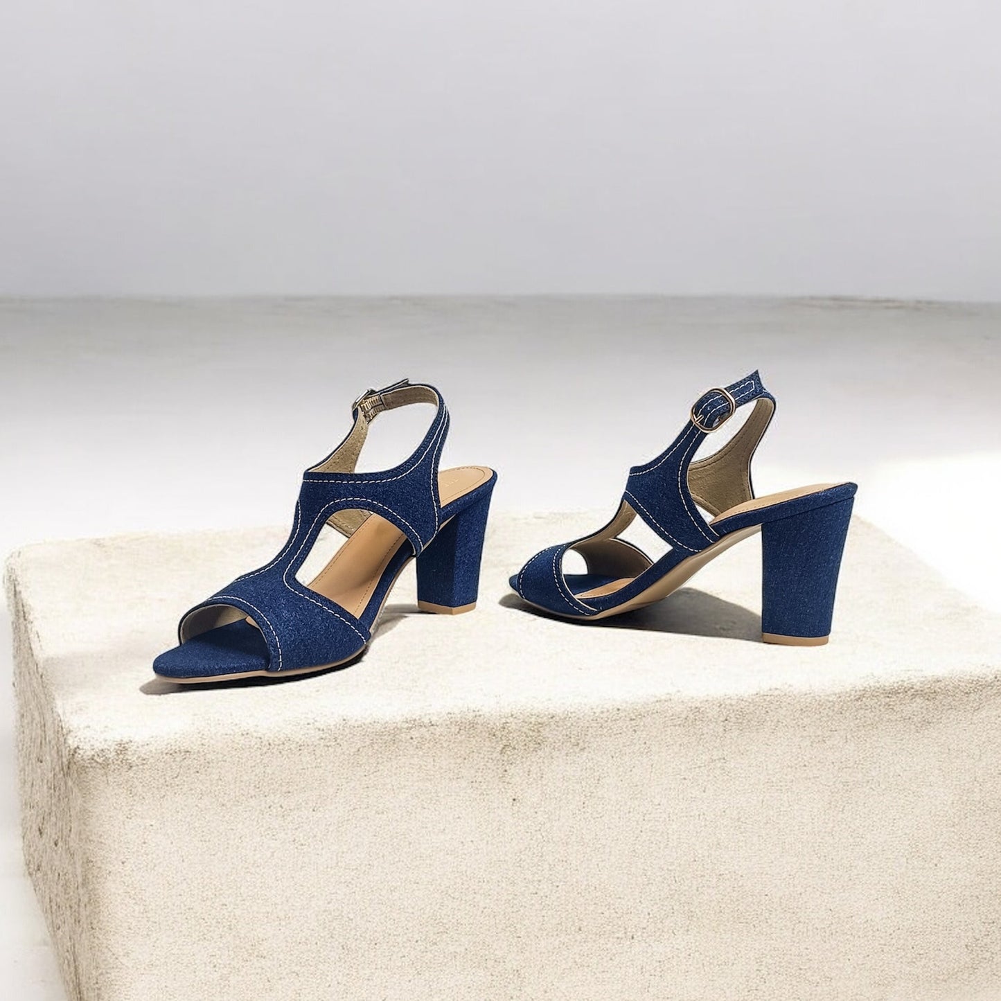 Denim Ankle Strap Block Heels