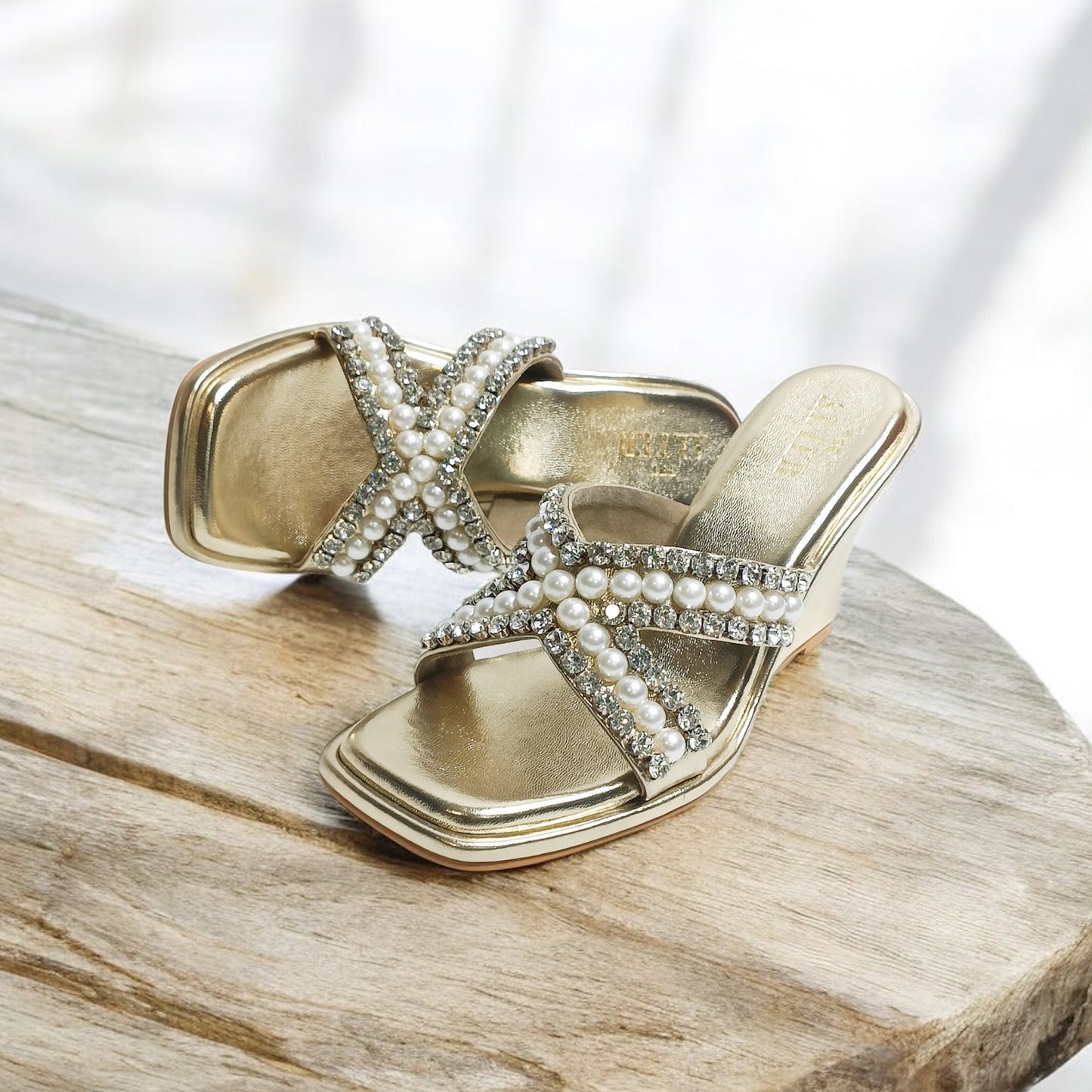 Criss Cross T Shaped Embellished Wedges