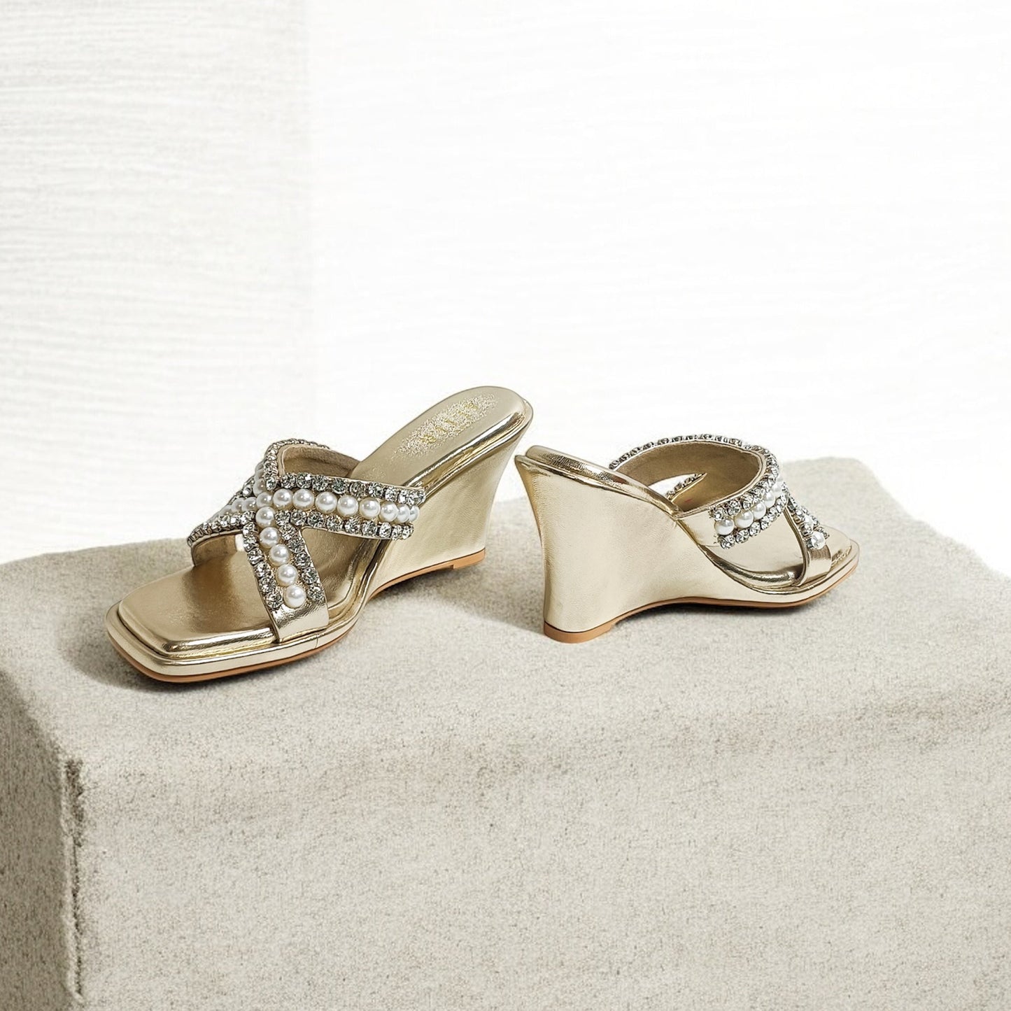 Criss Cross T Shaped Embellished Wedges